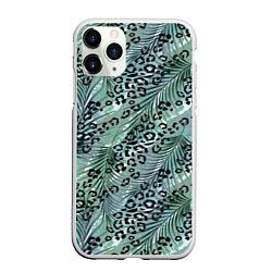 Чехол iPhone 11 Pro матовый Листья пальмы на леопардовом серо - зеленом фоне
