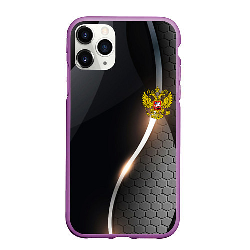 Чехол iPhone 11 Pro матовый Герб РФ киберпанк / 3D-Фиолетовый – фото 1