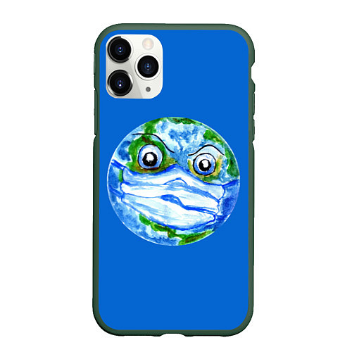 Чехол iPhone 11 Pro матовый Злая планета Земля в маске / 3D-Темно-зеленый – фото 1