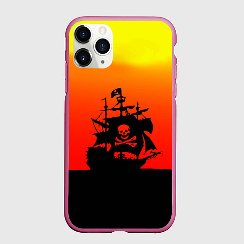 Чехол iPhone 11 Pro матовый Пиратский корабль на закате / 3D-Малиновый – фото 1