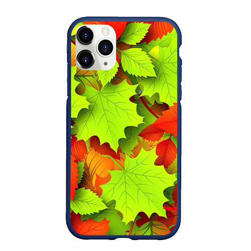Чехол iPhone 11 Pro матовый Зелёные осенние листья / 3D-Тёмно-синий – фото 1