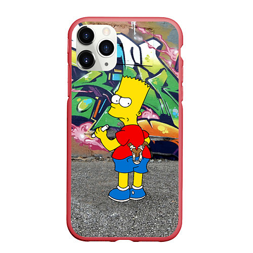 Чехол iPhone 11 Pro матовый Хулиган Барт Симпсон на фоне стены с граффити / 3D-Красный – фото 1