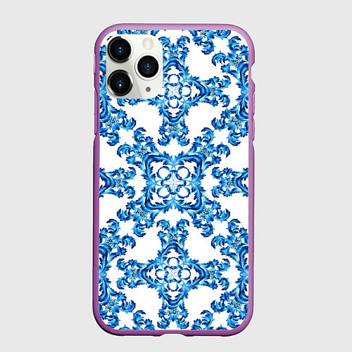 Чехол iPhone 11 Pro матовый Гжель рисунок цветы / 3D-Фиолетовый – фото 1