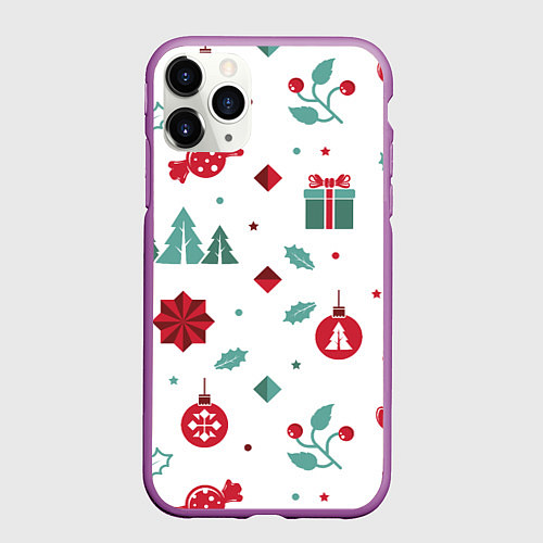 Чехол iPhone 11 Pro матовый Новый год подарки, конфеты, ёлочные шары / 3D-Фиолетовый – фото 1