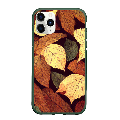 Чехол iPhone 11 Pro матовый Листья осени узор / 3D-Темно-зеленый – фото 1