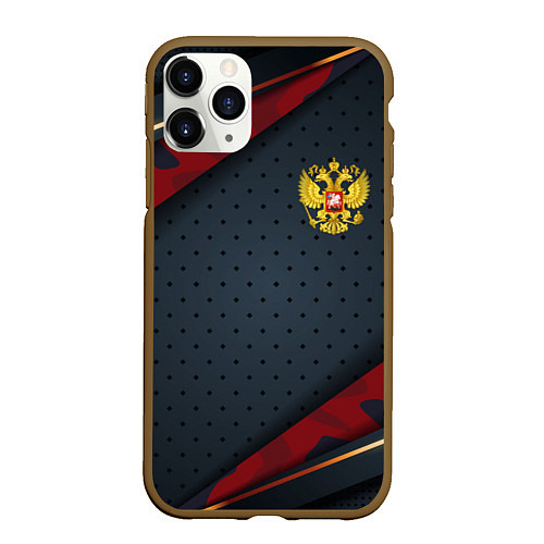 Чехол iPhone 11 Pro матовый Герб России черно-красный камуфляж / 3D-Коричневый – фото 1