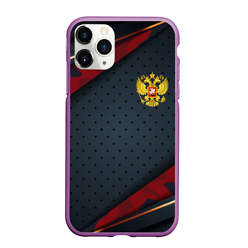 Чехол iPhone 11 Pro матовый Герб России черно-красный камуфляж / 3D-Фиолетовый – фото 1