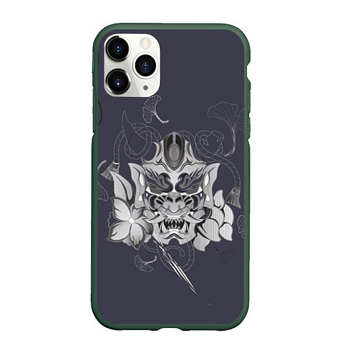 Чехол iPhone 11 Pro матовый Маска самурая в цветах / 3D-Темно-зеленый – фото 1