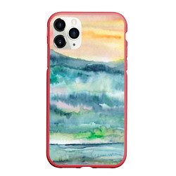 Чехол iPhone 11 Pro матовый Туманный рассвет в горах акварель, цвет: 3D-красный