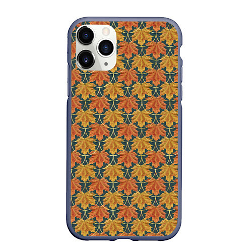 Чехол iPhone 11 Pro матовый Осенние кленовые листья в золотой чешуей на бирюзо / 3D-Серый – фото 1