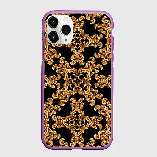 Чехол iPhone 11 Pro матовый Золотая гжель ретро цветы / 3D-Фиолетовый – фото 1