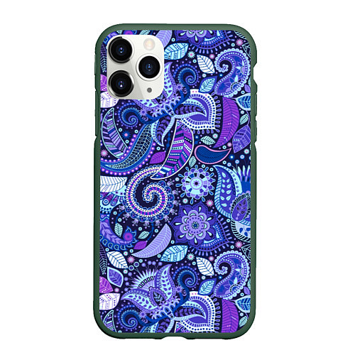 Чехол iPhone 11 Pro матовый Фиолетовые цветы узор / 3D-Темно-зеленый – фото 1