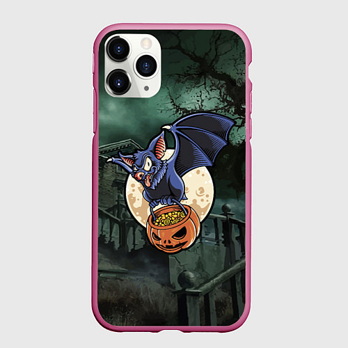 Чехол iPhone 11 Pro матовый Летучая мышь на фоне луны / 3D-Малиновый – фото 1