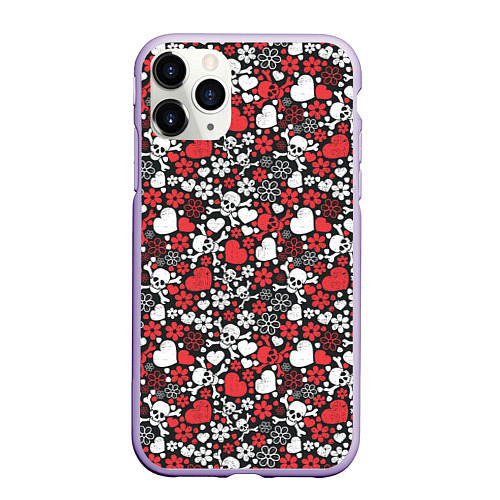 Чехол iPhone 11 Pro матовый Череп, сердца и цветы / 3D-Светло-сиреневый – фото 1