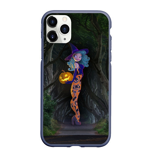 Чехол iPhone 11 Pro матовый Ведьма с тыквой и в крутых колготках - Halloween / 3D-Серый – фото 1