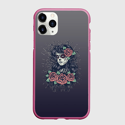 Чехол iPhone 11 Pro матовый Девушка в образе санта муэрте с макияжем сахарный / 3D-Малиновый – фото 1