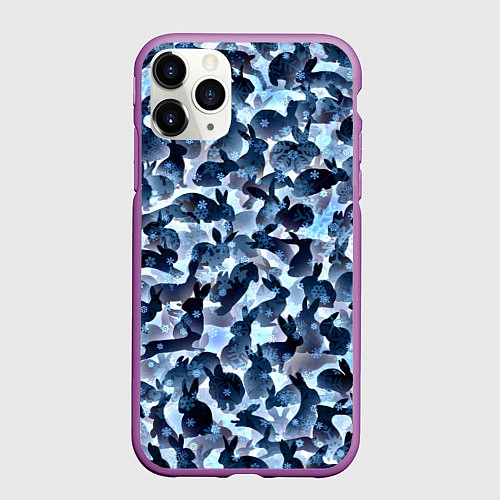 Чехол iPhone 11 Pro матовый Новогдние кролики / 3D-Фиолетовый – фото 1