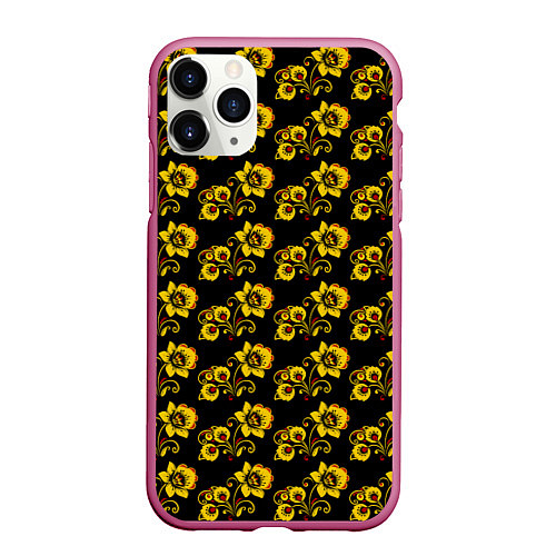 Чехол iPhone 11 Pro матовый Хохломская роспись цветы на чёрном фоне / 3D-Малиновый – фото 1