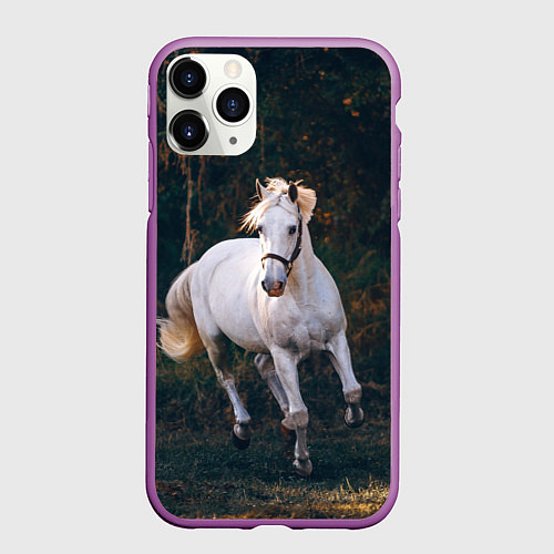 Чехол iPhone 11 Pro матовый Скачущая белая лошадь / 3D-Фиолетовый – фото 1