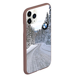 Чехол iPhone 11 Pro матовый BMW - зимняя дорога через лес, цвет: 3D-коричневый — фото 2