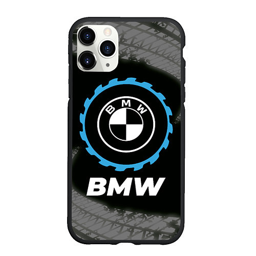 Чехол iPhone 11 Pro матовый BMW в стиле Top Gear со следами шин на фоне / 3D-Черный – фото 1