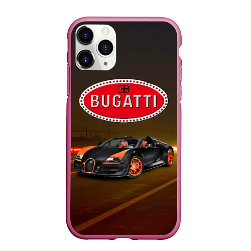 Чехол iPhone 11 Pro матовый Bugatti на ночной дороге / 3D-Малиновый – фото 1