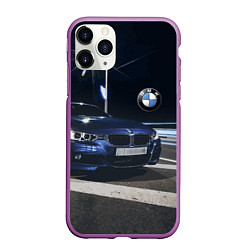 Чехол iPhone 11 Pro матовый BMW на ночной трассе, цвет: 3D-фиолетовый