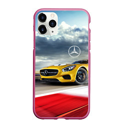 Чехол iPhone 11 Pro матовый Mercedes AMG V8 Biturbo на трассе, цвет: 3D-малиновый