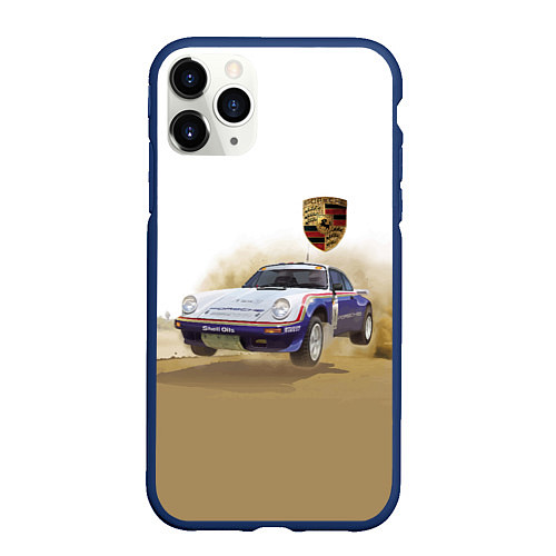 Чехол iPhone 11 Pro матовый Porsche - гонки в пустыне / 3D-Тёмно-синий – фото 1