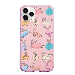Чехол iPhone 11 Pro матовый Много кроликов, цвет: 3D-розовый