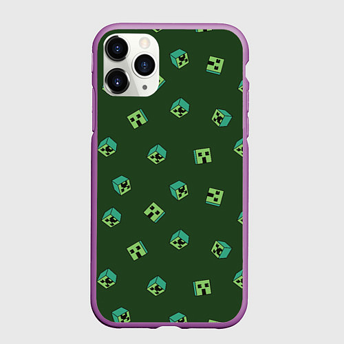Чехол iPhone 11 Pro матовый Minecraft - зеленые лица / 3D-Фиолетовый – фото 1