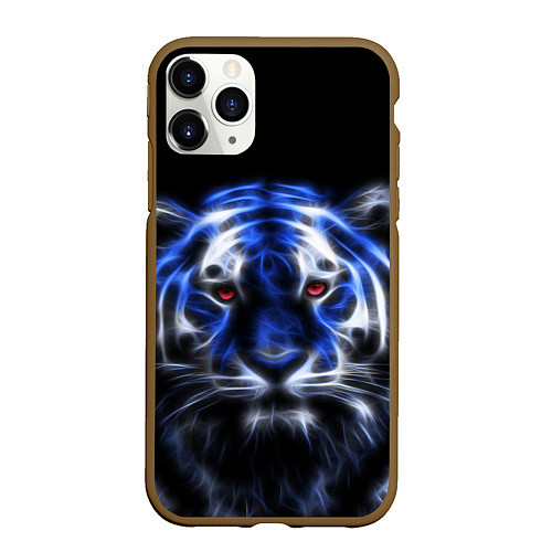 Чехол iPhone 11 Pro матовый Синий неоновый тигр / 3D-Коричневый – фото 1