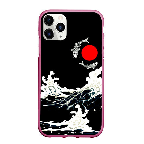 Чехол iPhone 11 Pro матовый Волны и рыбки / 3D-Малиновый – фото 1