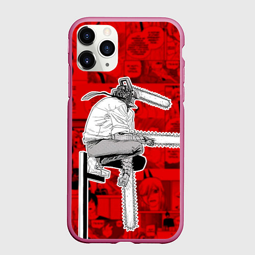 Чехол iPhone 11 Pro матовый Человек- бензопила : Кадры манги / 3D-Малиновый – фото 1