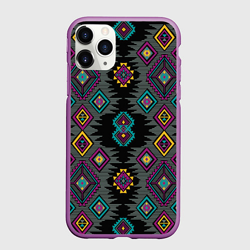 Чехол iPhone 11 Pro матовый Орнамент ацтеков - текстура / 3D-Фиолетовый – фото 1
