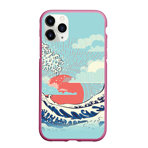 Чехол iPhone 11 Pro матовый Морской пейзаж с большими волнами на закате / 3D-Малиновый – фото 1