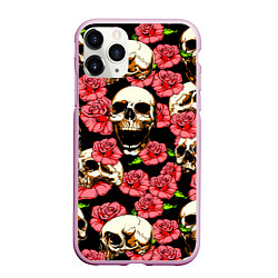 Чехол iPhone 11 Pro матовый Черепа и розы, цвет: 3D-розовый