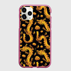 Чехол iPhone 11 Pro матовый Golden dragons, цвет: 3D-малиновый