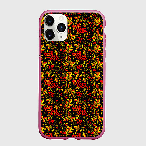Чехол iPhone 11 Pro матовый Хохлома - красная рябина / 3D-Малиновый – фото 1