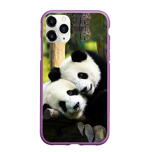 Чехол iPhone 11 Pro матовый Влюблённые панды / 3D-Фиолетовый – фото 1