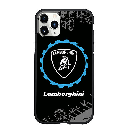 Чехол iPhone 11 Pro матовый Lamborghini в стиле Top Gear со следами шин на фон / 3D-Черный – фото 1