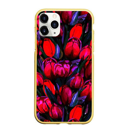 Чехол iPhone 11 Pro матовый Тюльпаны - поле красных цветов / 3D-Желтый – фото 1