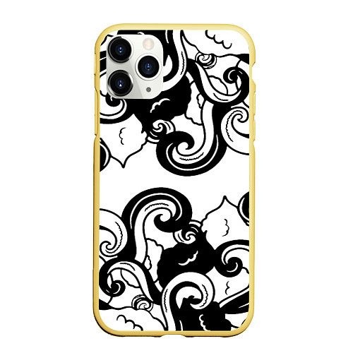 Чехол iPhone 11 Pro матовый Черные волнистые узоры на белом / 3D-Желтый – фото 1