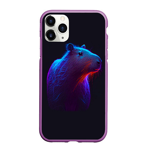 Чехол iPhone 11 Pro матовый Неоновая капибара на чёрном фоне / 3D-Фиолетовый – фото 1