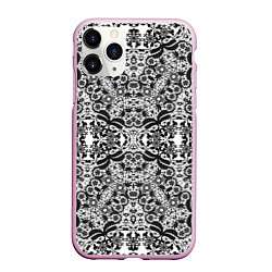 Чехол iPhone 11 Pro матовый Черно-белый ажурный кружевной узор, цвет: 3D-розовый