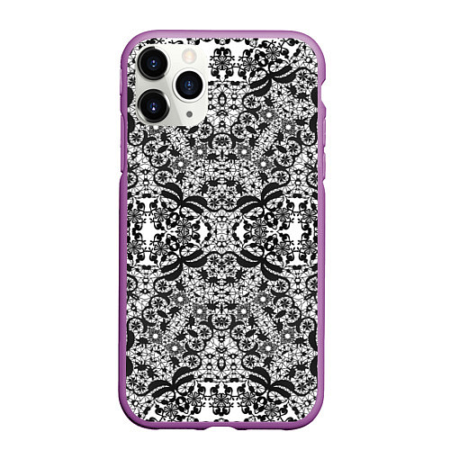 Чехол iPhone 11 Pro матовый Черно-белый ажурный кружевной узор / 3D-Фиолетовый – фото 1