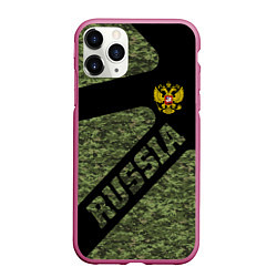 Чехол iPhone 11 Pro матовый Камуфляж - RUSSIA, цвет: 3D-малиновый