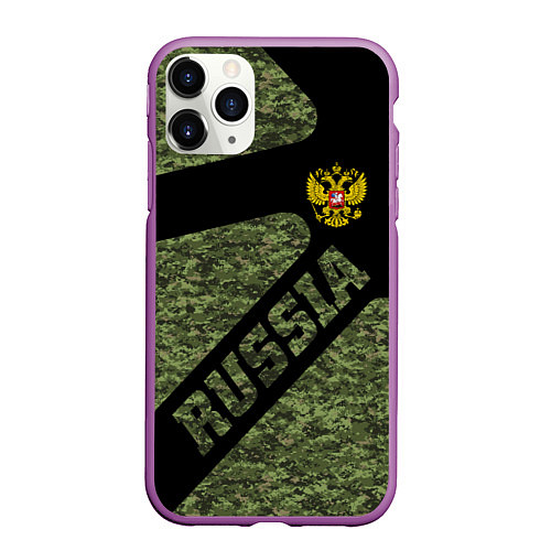 Чехол iPhone 11 Pro матовый Камуфляж - RUSSIA / 3D-Фиолетовый – фото 1