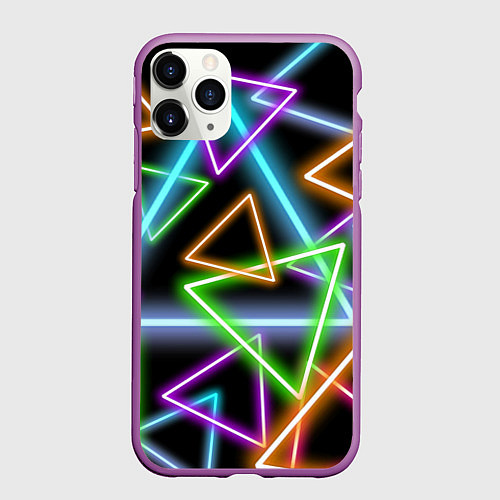 Чехол iPhone 11 Pro матовый Неоновые треугольники - текстура / 3D-Фиолетовый – фото 1