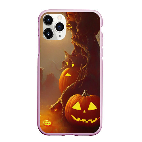 Чехол iPhone 11 Pro матовый Жуткое дерево и улыбающаяся тыква на Хэллоуин / 3D-Розовый – фото 1